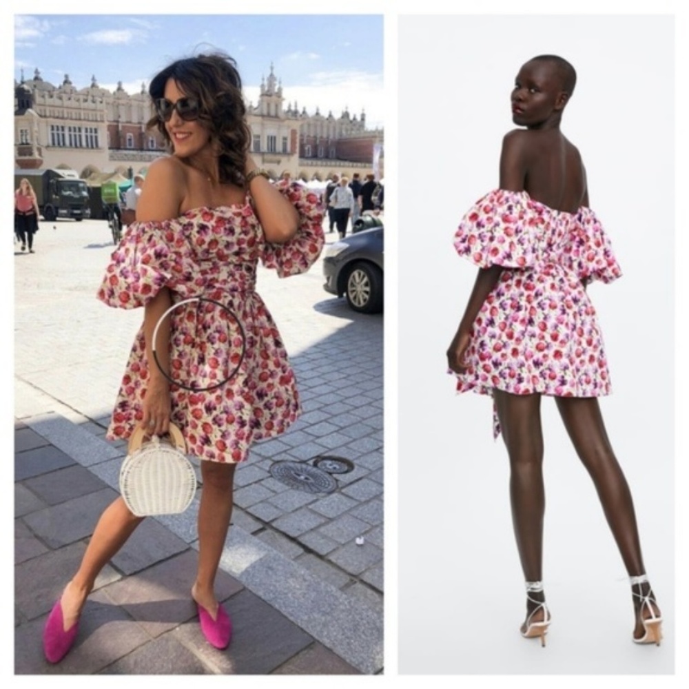ZARA FLORAL PRINT OFF SHOULDER DRESS WITH BELT